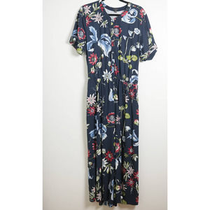 Ann Taylor Navy Blue Red Wildflower Patterened Short Sleeve Long Pant Jumpsuit